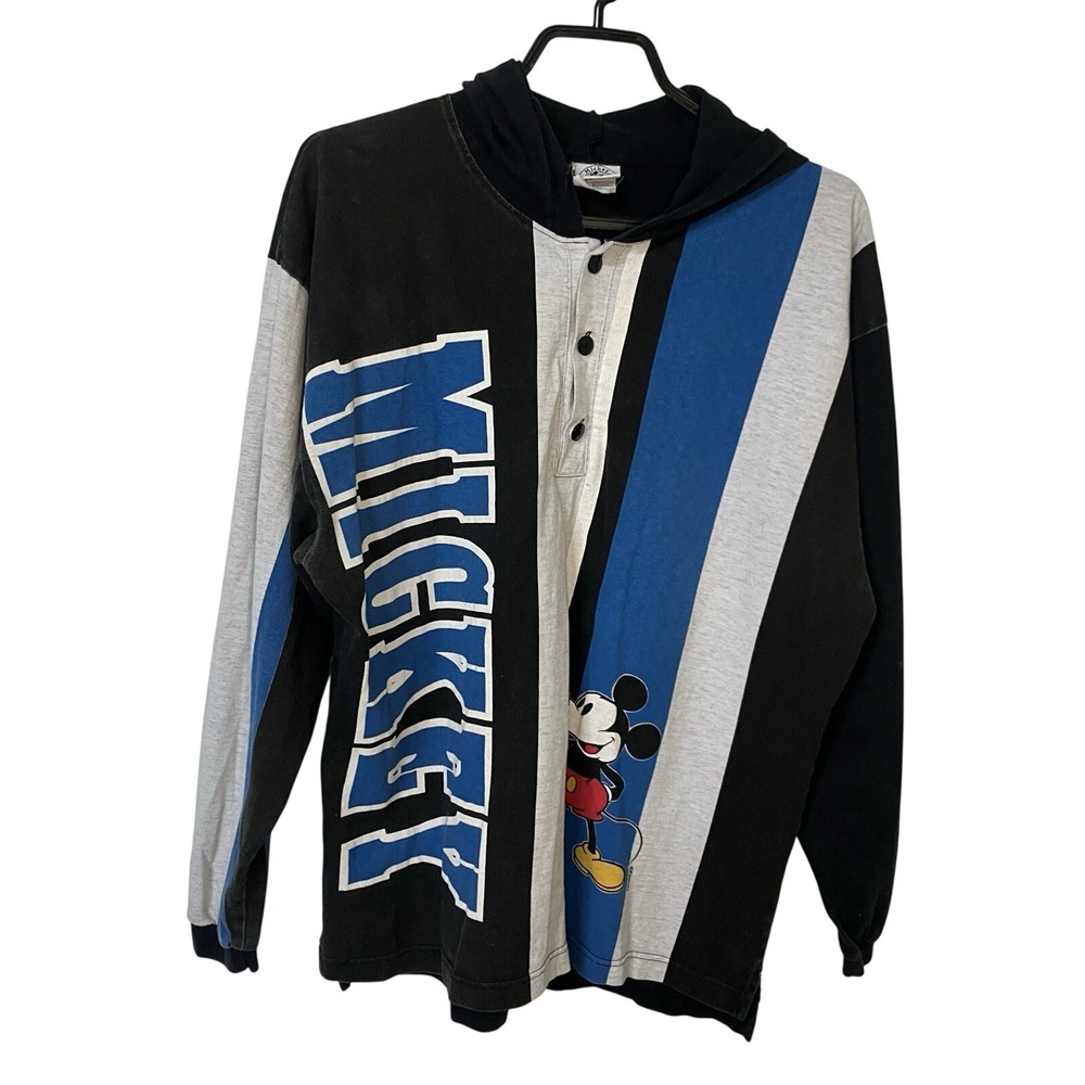 Vintage Disney Mickey Mouse Hooded Shirt Mens M Stripe Graphic 90s Y2K Rugby
